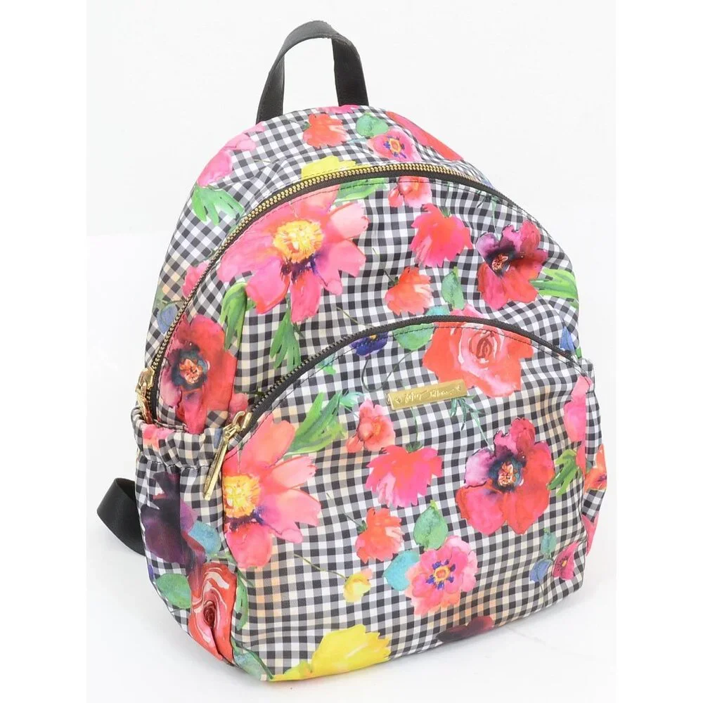 Betsey Johnson Black/White‎ Gingham w/Colorful Florals Multi Pocket Backpack